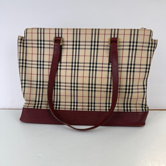 Burberry Nova Check Tote Bag Beige Black Burgundy Plaid Authentic ISSUES READ - Picture 8 of 16